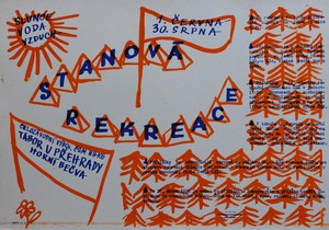 Plakátek k rekreaci ve stanu.